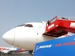 A Boeing 787 Dreamliner displayed at Wings India 2026 aviation event at Begumpet airport, Hyderabad, India.