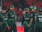 Pakistan's players celebrate the wicket of Netherlands' batter Vikram Singh.