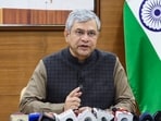 Union railways minister Ashwini Vaishnaw addressing a press conference in New Delhi. (PTI)