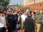 Rahul and Priyanka Gandhi with Congress MPs, including those suspended on Tuesday, in Parliament