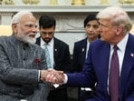 US President Donald Trump and Prime Minister Narendra Modi shake hands, at the White House in Washington, DC, on February 13, 2025. 