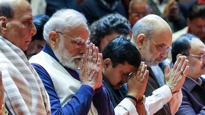 Prime Minister Narendra Modi with senior BJP leaders during the NDA Parliamentary Party meeting on the Parliament premises in New Delhi on Tuesday. (ANI Photo) Prime Minister Narendra Modi with senior BJP leaders during the NDA Parliamentary Party meeting on the Parliament premises in New Delhi on Tuesday. (ANI Photo)