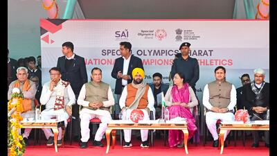 Haryana chief minister Nayab Singh Saini during the Special Olympics Bharat Athletics National Championship at Maharshi Dayanand University in Rohtak on Tuesday. (Sourced) Haryana chief minister Nayab Singh Saini during the Special Olympics Bharat Athletics National Championship at Maharshi Dayanand University in Rohtak on Tuesday. (Sourced)