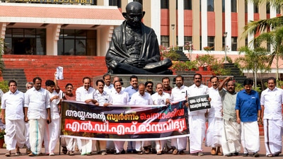 United Democratic Front MLAs walkout from the Kerala Legislative Assemby, demanding the resignation of state Devaswom Minister V N Vasavan over the Sabarimala gold theft controversy, in Thiruvananthapuram on Tuesday. (PTI) United Democratic Front MLAs walkout from the Kerala Legislative Assemby, demanding the resignation of state Devaswom Minister V N Vasavan over the Sabarimala gold theft controversy, in Thiruvananthapuram on Tuesday. (PTI)