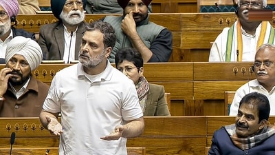 Leader of Opposition in the Lok Sabha Rahul Gandhi speaks in Lok Sabha during the Budget session of Parliament on Tuesday (Sansad TV) Leader of Opposition in the Lok Sabha Rahul Gandhi speaks in Lok Sabha during the Budget session of Parliament on Tuesday (Sansad TV)