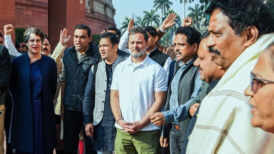 Lok Sabha LoP Rahul Gandhi, Congress MP Priyanka Gandhi and other MPs protest at Makar Dwar of the Parliament, against the suspension of 8 MPs from Lok Sabha and against the India-US trade agreement, during the ongoing Budget Session, in New Delhi on Tuesday. (ANI)