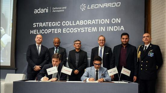 Adani Defence & Aerospace and Leonardo Helicopters sign the MoU in New Delhi on Tuesday. (ANI)