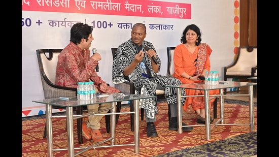 Vivek Satya Mitram, Zolani Mkiva and Pooja Priyamvada at the festival. (Courtesy Ghazipur Literature Festival)