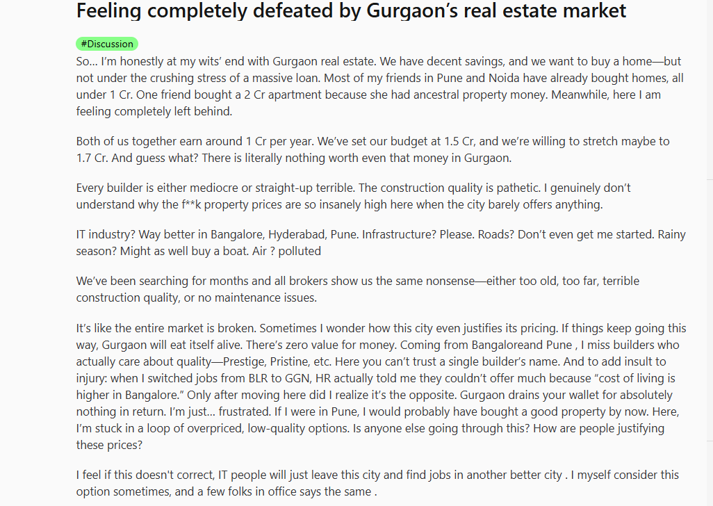 A post by a Reddit user on Gurgaon real estate. (Screengrab (Reddit)) A post by a Reddit user on Gurgaon real estate. (Screengrab (Reddit))