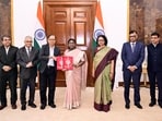 Members of the 16th Finance Commission, led by chairman Arvind Panagariya, call on President Droupadi Murmu to submit the Commission's report for 2026-31.