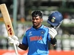 Aaron George of India celebrates their century during the ICC U19 Men's Cricket World Cup 2026 semi-final match. (ICC via Getty Images) Aaron George of India celebrates their century during the ICC U19 Men's Cricket World Cup 2026 semi-final match. (ICC via Getty Images)