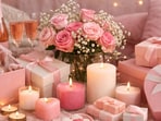A cosy Galentine’s setup with pink accents, gift boxes, flowers, and candles, setting the mood for self-love and friendship.(Ai generated)
