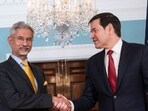 Secretary of state Marco Rubio shakes hands with External Affairs Minister S Jaishankar at the state department in Washington, DC.