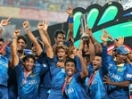 Sri Lankan team with the T20 World Cup 2014.