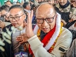 Yumnam Khemchand Singh, elected leader of the NDA legislature party in Manipur, arrives in Imphal on Wednesday. (ANI)