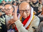 Yumnam Khemchand Singh, elected leader of the NDA legislature party in Manipur, arrives in Imphal on Wednesday. (ANI)