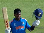 India U19 vs Afghanistan U19 Live Score: Aaron George celebrates his century against Afghanistan.