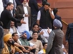 Union Minister of State Ravneet Singh Bittu, right, in a conversation with Leader of Opposition in the Lok Sabha Rahul Gandhi during the Budget Session of Parliament