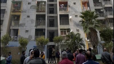 Arun Kumar, who lives on the 10th floor of Tower A4, said he was on his balcony recording content for social media, when he noticed unusual movement in a flat across from him. (Sakib Ali/HT Photo) Arun Kumar, who lives on the 10th floor of Tower A4, said he was on his balcony recording content for social media, when he noticed unusual movement in a flat across from him. (Sakib Ali/HT Photo)