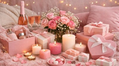 A cosy Galentine’s setup with pink accents, gift boxes, flowers, and candles, setting the mood for self-love and friendship. (Ai generated) A cosy Galentine’s setup with pink accents, gift boxes, flowers, and candles, setting the mood for self-love and friendship. (Ai generated)