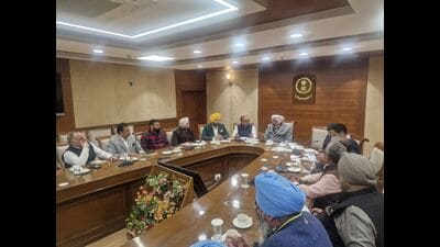 Punjab finance and taxation minister Harpal Singh Cheema chairing a high-level meeting of the Punjab State Traders Commission in Chandigarh on Wednesday. (HT) Punjab finance and taxation minister Harpal Singh Cheema chairing a high-level meeting of the Punjab State Traders Commission in Chandigarh on Wednesday. (HT)