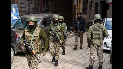 Security personnel conduct search operations ahead of Union Home Minister Amit Shah’s visit to Jammu and Kashmir, in Srinagar on Wednesday. (ANI)
