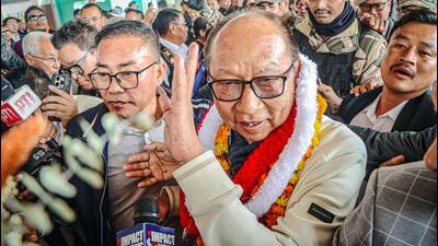 Yumnam Khemchand Singh, elected leader of the NDA legislature party in Manipur, arrives in Imphal on Wednesday. (ANI) Yumnam Khemchand Singh, elected leader of the NDA legislature party in Manipur, arrives in Imphal on Wednesday. (ANI)