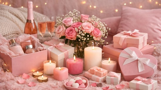 A cosy Galentine’s setup with pink accents, gift boxes, flowers, and candles, setting the mood for self-love and friendship. (Ai generated)