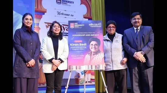 Kiran Bedi unveiling the initiative at CGC University in Mohali on Wednesday. (HT Photo)