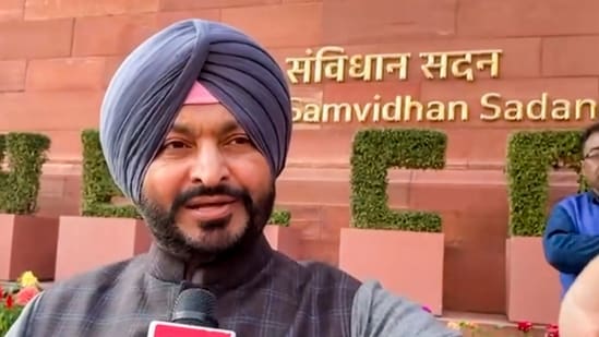 Union Minister of State Ravneet Singh Bittu speaks to the media during the Budget session of Parliament, in New Delhi, (PTI Photo) (PTI)