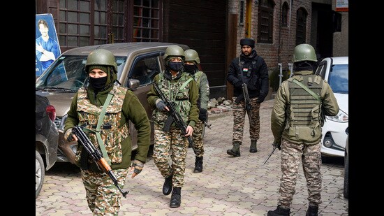 Security personnel conduct search operations ahead of Union Home Minister Amit Shah’s visit to Jammu and Kashmir, in Srinagar on Wednesday. (ANI)