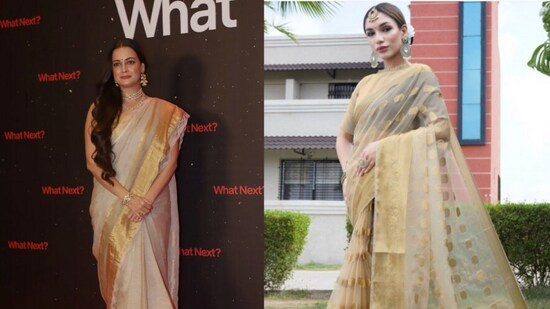recreate dia mirza's golden saree look (Instagram/Myntra)