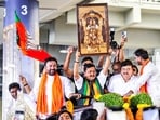 BJP National President Nitin Nabin being welcomed, in Hyderabad on Wednesday. Union Minister G Kishan Reddy, Telangana BJP President N. Ramchander Rao and other BJP leaders also present. (@NitinNabin X)