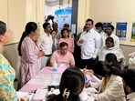 MLA Shankar Jagtap (in white shirt) carried out a surprise inspection at Aundh District Hospital on Wednesday. Patients and their kin visiting the hospital are facing severe hardships as several key services remain non-functional for months. (HT)