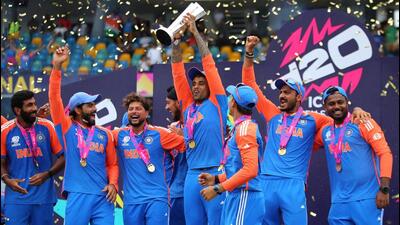 Suryakumar Yadav lifts the trophy as India celebrate after winning the T20 World Cup in 2024. (REUTERS) Suryakumar Yadav lifts the trophy as India celebrate after winning the T20 World Cup in 2024. (REUTERS)