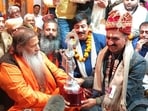Chief Minister Sukhvinder Singh Sukhu participating in the annual religious congregation hosted by the Shree Radhakrishna Temple Committee in Kotla Kalan, in Una district, on Thursday. (HT Photo)