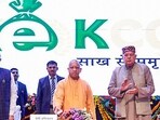 Chief minister Yogi Adityanath, with agriculture minister Surya Pratap Shahi and finance minister Suresh Kumar Khanna, during the State Credit Seminar, in Lucknow on Thursday. (Sourced)