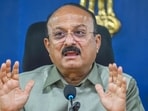 Delhi education minister Ashish Sood addresses a press conference on the Union Budget at Delhi Secretariat on Friday. (Sanjeev Verma/HT PHOTO)