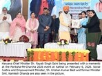 Haryana chief minister Nayab Singh Saini being presented with a memento at an event in Kaithal on Friday. (HT)