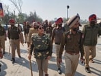 Police deployed in view of the farmers’ protest near Rampura Phul in Bathinda district on Friday. (Sanjeev Kumar/HT)