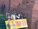 Suspended Opposition MPs protest India-Us deal in Parliament premises. call it 'trap deal'