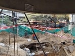 The pit dug up in front of Janakpuri District Centre. (HT Photo)