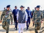 Union Home Minister Amit Shah during a visit at the 'Gurnam' Border Out Post located on the India-Pakistan border in Jammu and Kashmir. (PTI)