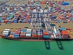 A cargo ship at a container port.