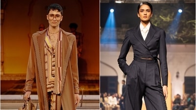 A model wearing Nikita Mhaisalkar's collection from the 2025 collection (left); and model showcases an ensemble from designer Dhruv Vaish’s previous collection (right) A model wearing Nikita Mhaisalkar's collection from the 2025 collection (left); and model showcases an ensemble from designer Dhruv Vaish’s previous collection (right)