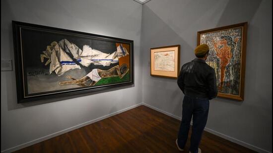 A depiction of a weaver family from Bengal by Arthur William Devis (The Weavers, 1792) hangs a short distance away from M.F. Husain’s 1980 work, Mother Theresa (Sanchit Khanna/ Hindustan Times)