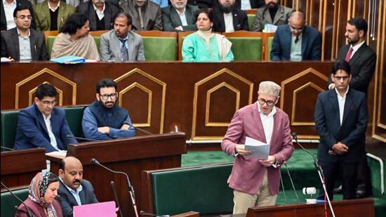 Chief minister Omar Abdullah presenting the budget in the Jammu and Kashmir assembly in Jammu on Friday. (ANI Photo)
