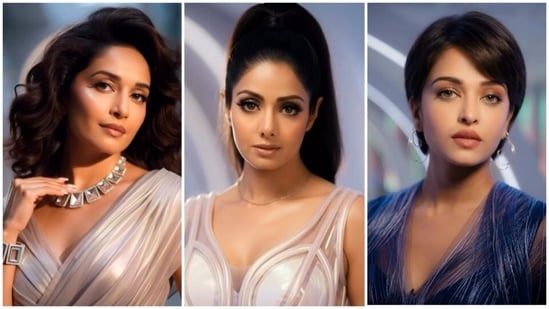Madhuri Dixit, Sridevi, and Aishwarya Rai reimagined as celestial royalty. (Instagram/ aitot2.0)
