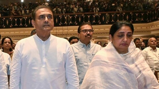 Rajya Sabha MP Sunetra Pawar, NCP leaders Praful Patel, Chhagan Bhujbal, NCP MP Sunil Dattatray Tatkare and others during the oath ceremony of Sunetra Pawar as Deputy CM of Maharashtra at the Lok Bhavan, in Mumbai. (ANI File)