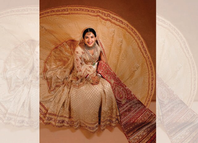 Radhika Merchant wore a Abu Jani Sandeep Khosla lehenga made in a traditional Gujarati Panetar style. (INSTAGRAM/@ABUJANISANDEEPKHOSLA) Radhika Merchant wore a Abu Jani Sandeep Khosla lehenga made in a traditional Gujarati Panetar style. (INSTAGRAM/@ABUJANISANDEEPKHOSLA)